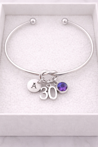 30 birthday charm with birthstone bangle bracelet