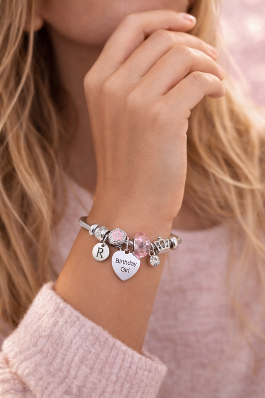 Birthday girl charm bracelet gift for girls with silver charms and pink bead