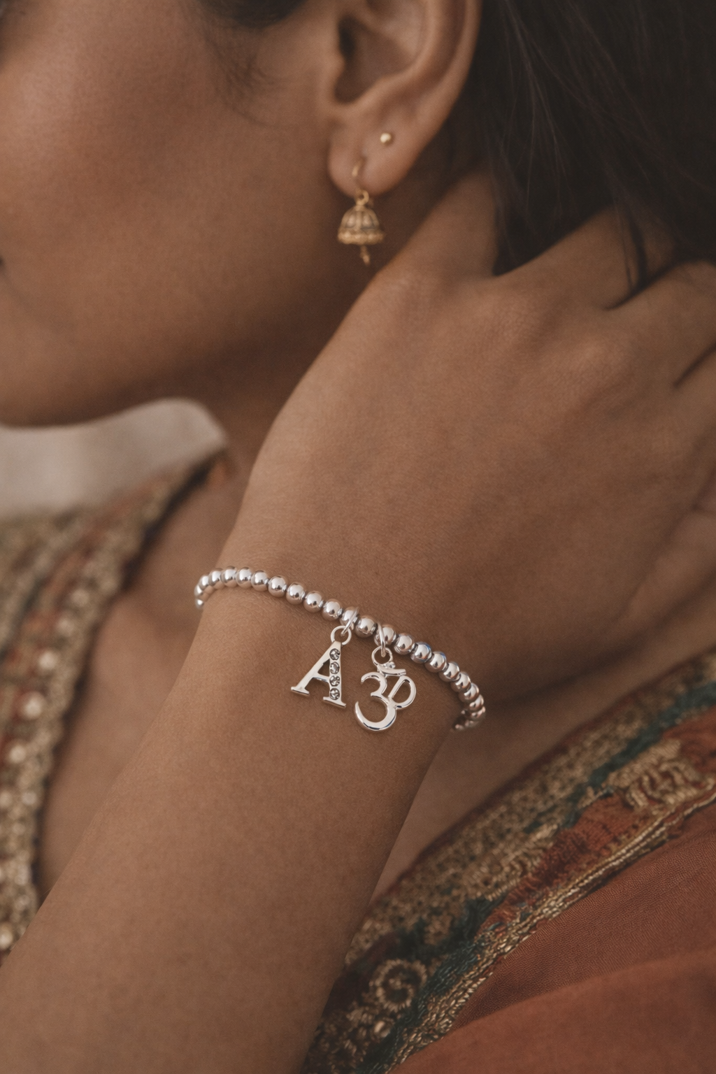 Personalised Silver Om Bracelet with Crystal & Initial – Spiritual Gift for Her
