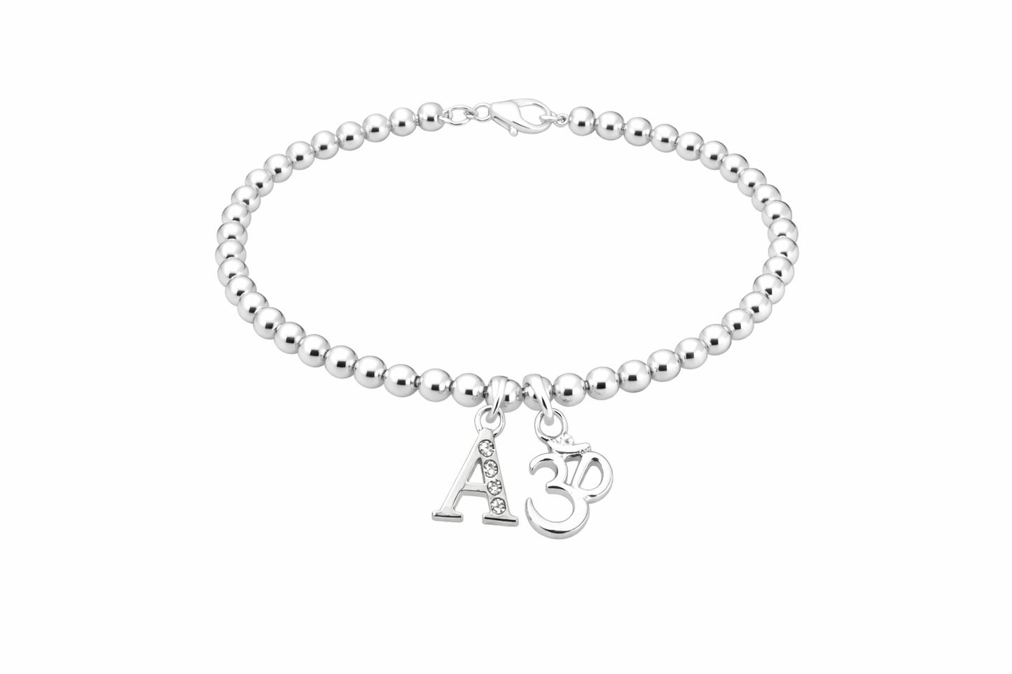 Personalised Silver Om Bracelet with Crystal & Initial – Spiritual Gift for Her
